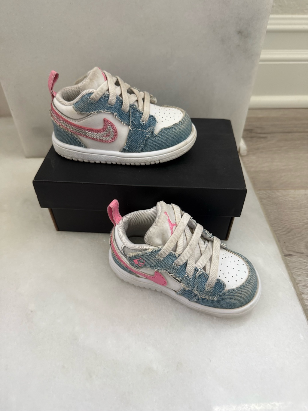 Jordan Kids Denim Low-Top Sneakers - White & Pink